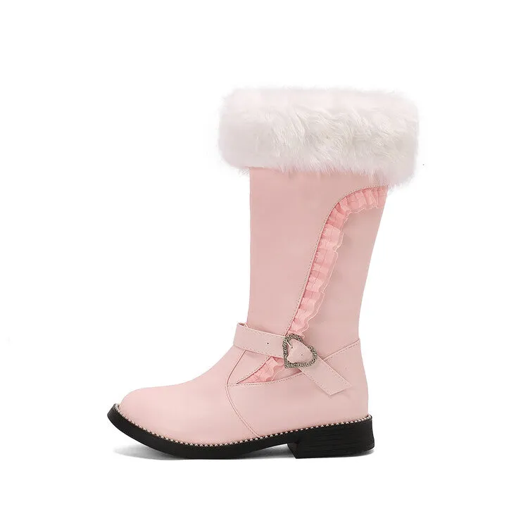 Women's Buckle Strap Round Toe Flat Mid Calf Boots