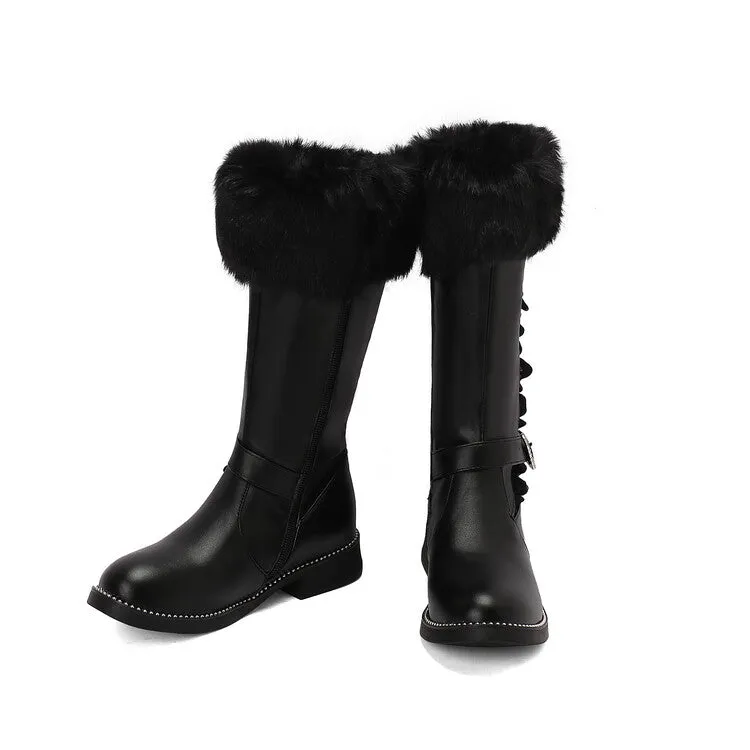 Women's Buckle Strap Round Toe Flat Mid Calf Boots