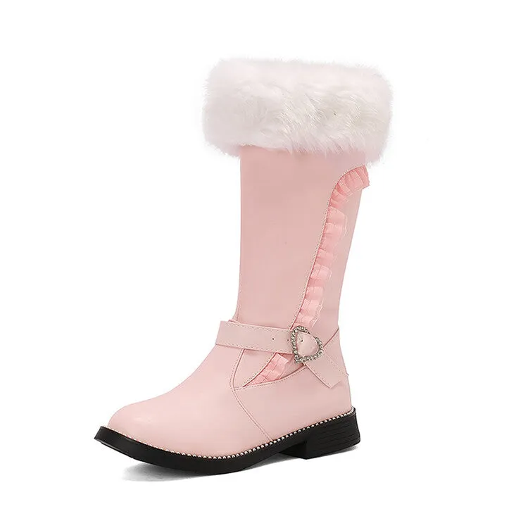 Women's Buckle Strap Round Toe Flat Mid Calf Boots