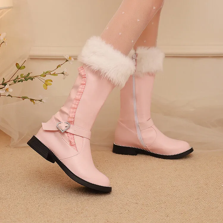 Women's Buckle Strap Round Toe Flat Mid Calf Boots