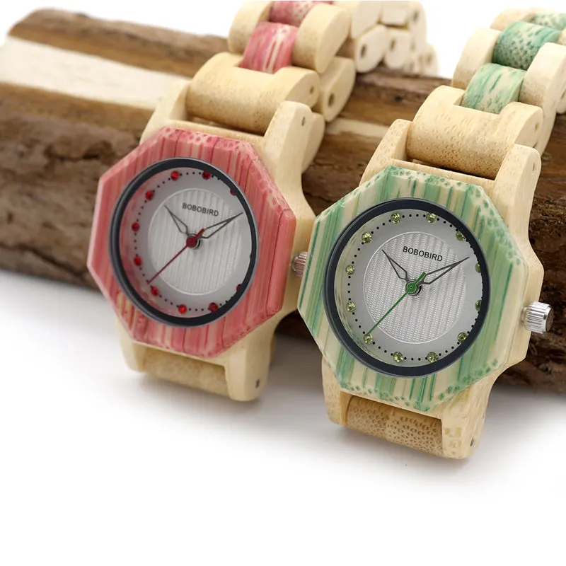 Women's Octagon Natural Bamboo Watch in Wooden Box - Green,Pink,White