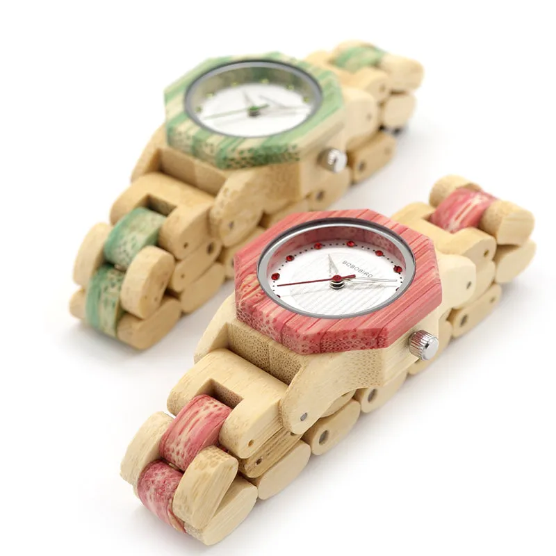 Women's Octagon Natural Bamboo Watch in Wooden Box - Green,Pink,White