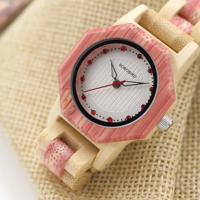 Women's Octagon Natural Bamboo Watch in Wooden Box - Green,Pink,White