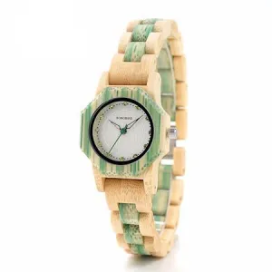 Women's Octagon Natural Bamboo Watch in Wooden Box - Green,Pink,White