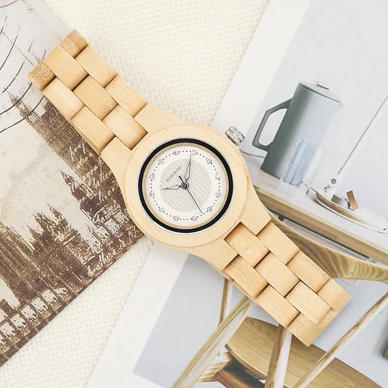 Women's Octagon Natural Bamboo Watch in Wooden Box - Green,Pink,White