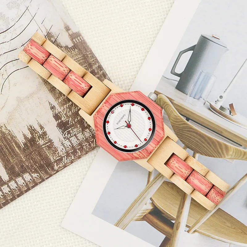 Women's Octagon Natural Bamboo Watch in Wooden Box - Green,Pink,White