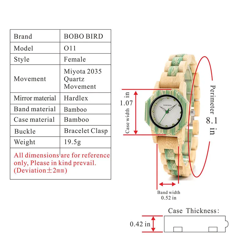 Women's Octagon Natural Bamboo Watch in Wooden Box - Green,Pink,White