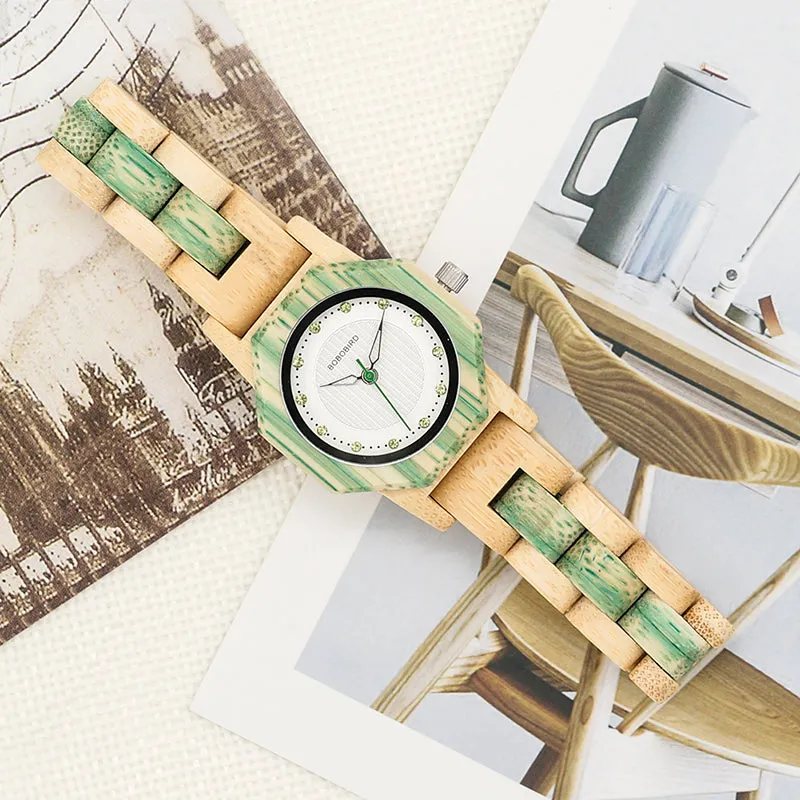 Women's Octagon Natural Bamboo Watch in Wooden Box - Green,Pink,White