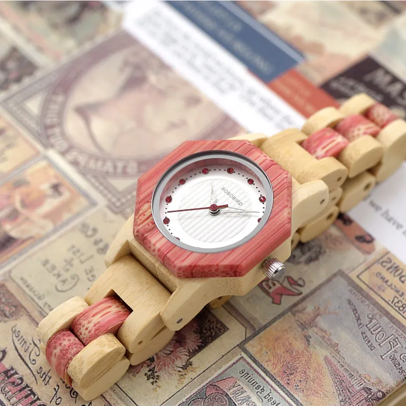 Women's Octagon Natural Bamboo Watch in Wooden Box - Green,Pink,White