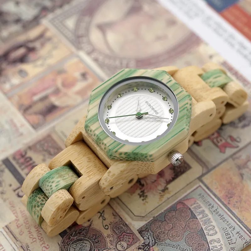 Women's Octagon Natural Bamboo Watch in Wooden Box - Green,Pink,White