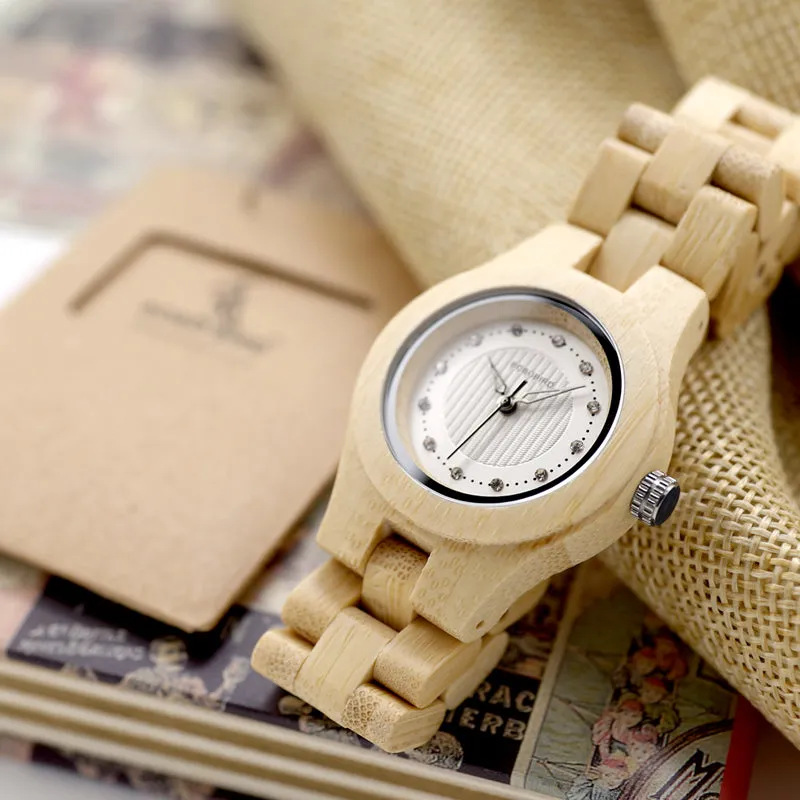 Women's Octagon Natural Bamboo Watch in Wooden Box - Green,Pink,White