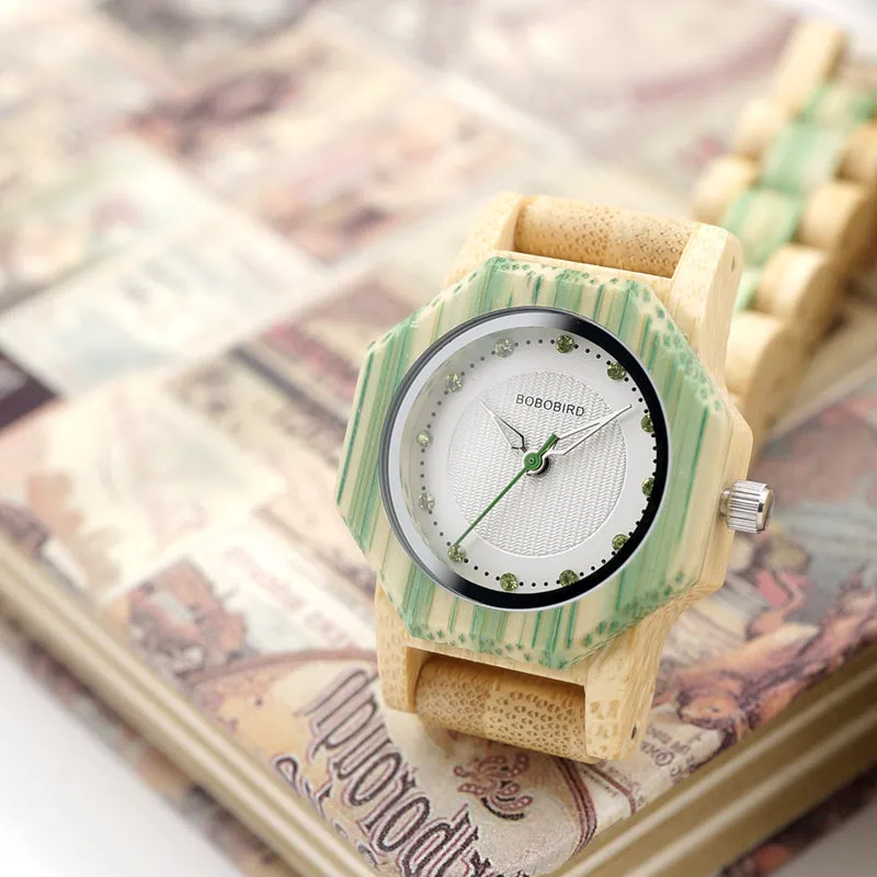 Women's Octagon Natural Bamboo Watch in Wooden Box - Green,Pink,White