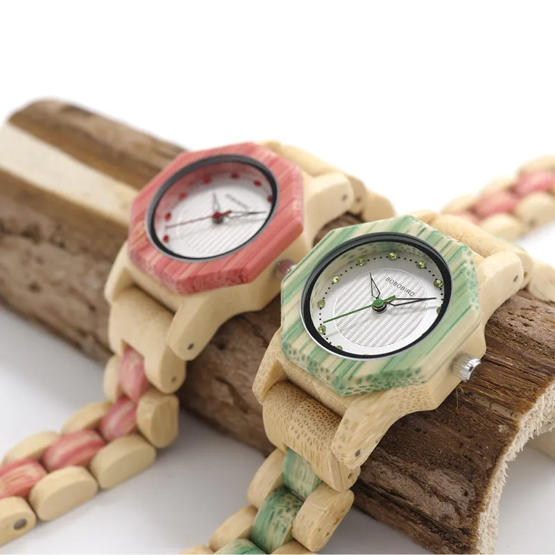 Women's Octagon Natural Bamboo Watch in Wooden Box - Green,Pink,White
