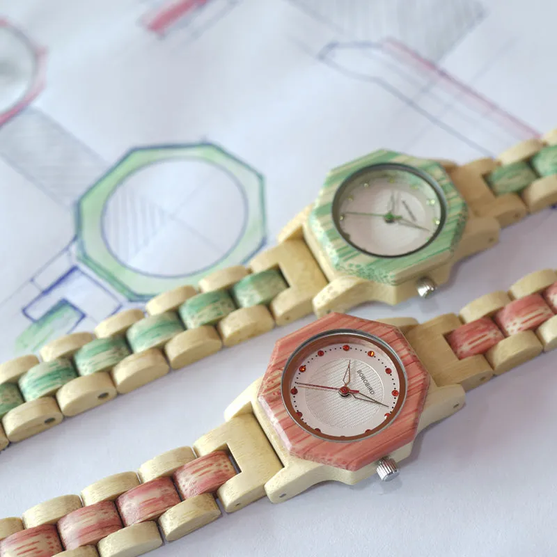 Women's Octagon Natural Bamboo Watch in Wooden Box - Green,Pink,White