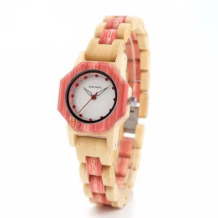 Women's Octagon Natural Bamboo Watch in Wooden Box - Green,Pink,White