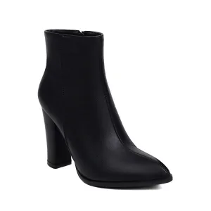 Women's Pu Leather Pointed Toe Side Zippers Chunky Heel Short Boots