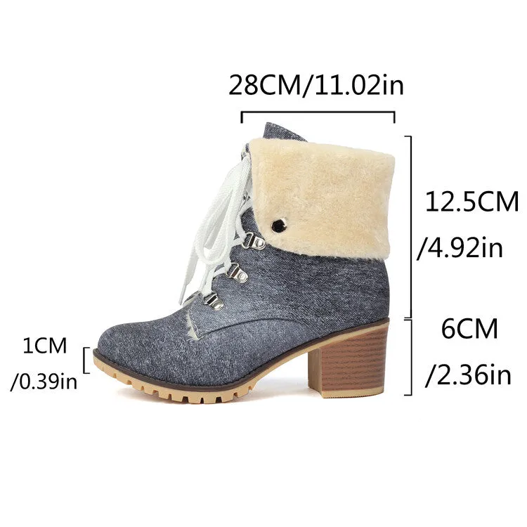 Women's Round Toe Lace-up High Heel Denim Ankle Boots