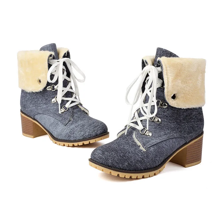 Women's Round Toe Lace-up High Heel Denim Ankle Boots