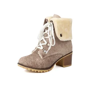 Women's Round Toe Lace-up High Heel Denim Ankle Boots