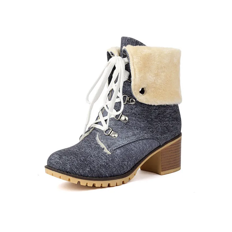 Women's Round Toe Lace-up High Heel Denim Ankle Boots