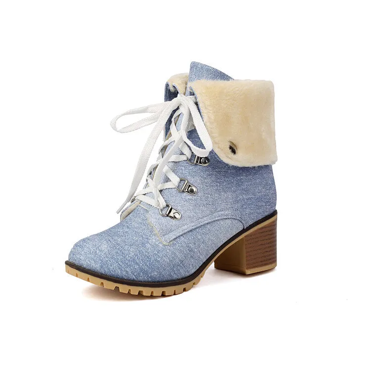 Women's Round Toe Lace-up High Heel Denim Ankle Boots