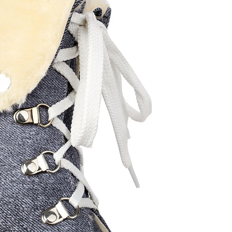 Women's Round Toe Lace-up High Heel Denim Ankle Boots