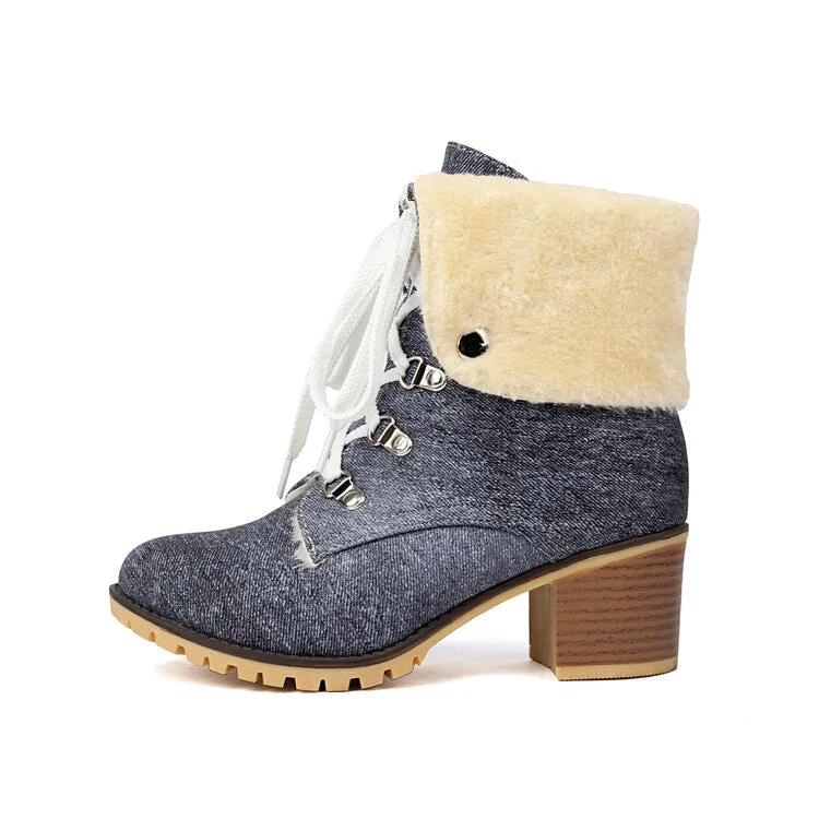 Women's Round Toe Lace-up High Heel Denim Ankle Boots