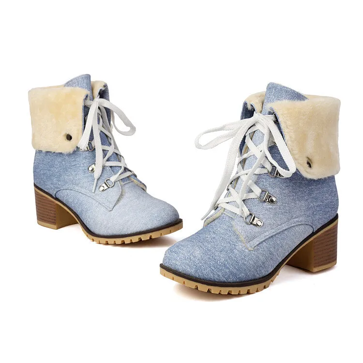 Women's Round Toe Lace-up High Heel Denim Ankle Boots
