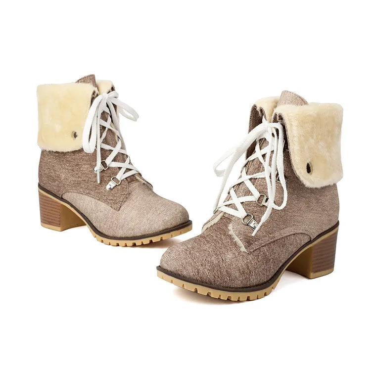 Women's Round Toe Lace-up High Heel Denim Ankle Boots