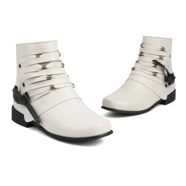 Women's Round Toe Straps Low Heel Ankle Boots