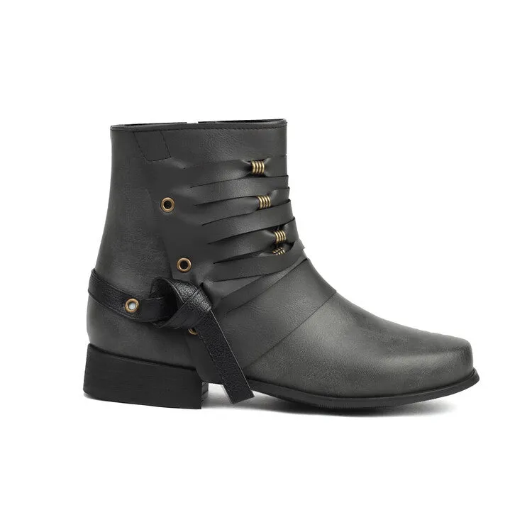 Women's Round Toe Straps Low Heel Ankle Boots