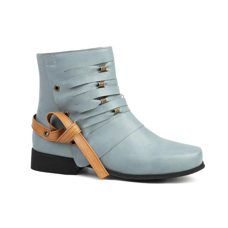 Women's Round Toe Straps Low Heel Ankle Boots