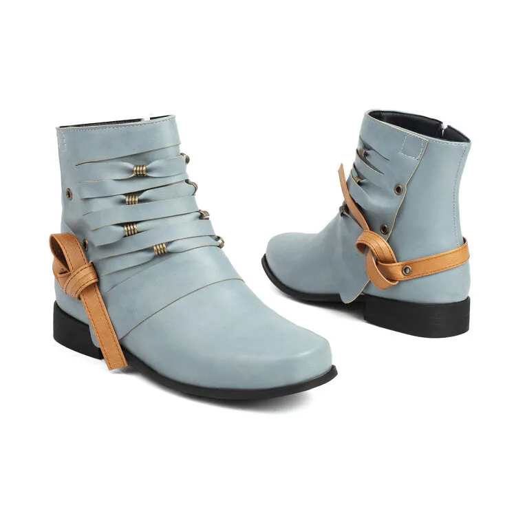 Women's Round Toe Straps Low Heel Ankle Boots