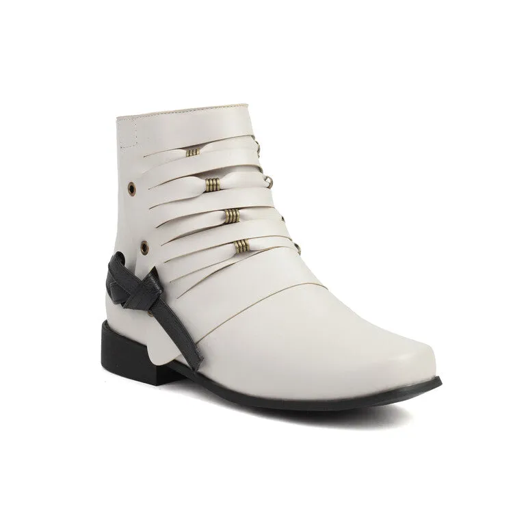 Women's Round Toe Straps Low Heel Ankle Boots