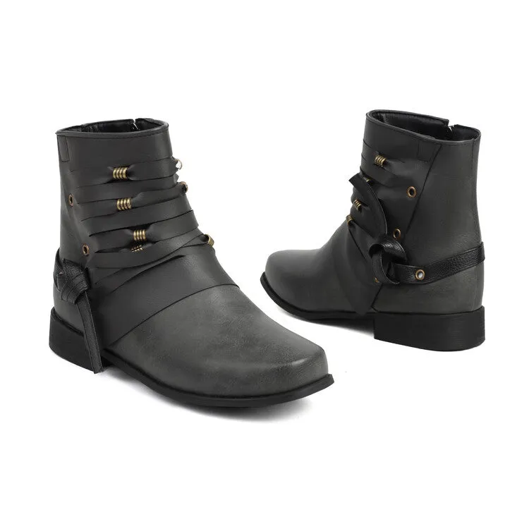 Women's Round Toe Straps Low Heel Ankle Boots