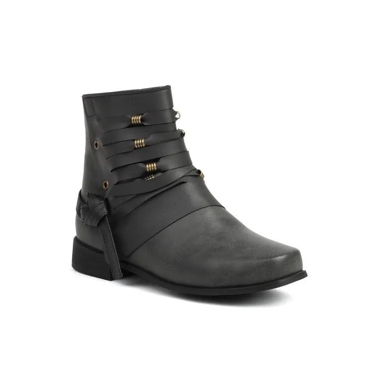 Women's Round Toe Straps Low Heel Ankle Boots