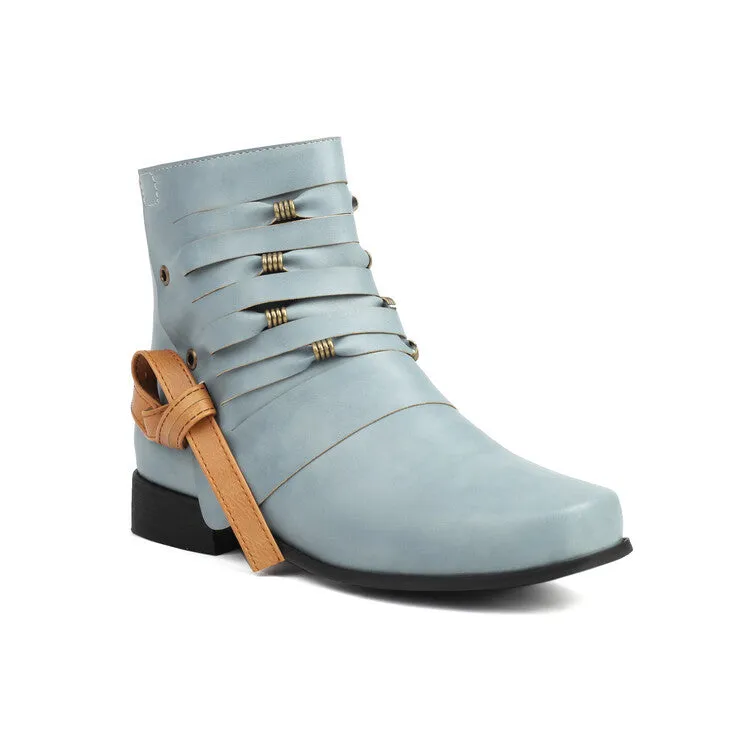 Women's Round Toe Straps Low Heel Ankle Boots