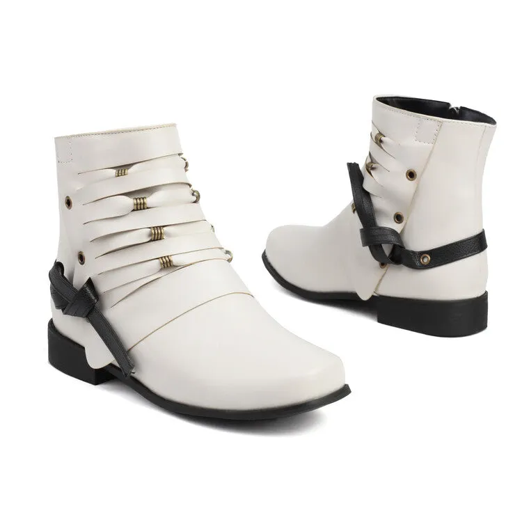 Women's Round Toe Straps Low Heel Ankle Boots
