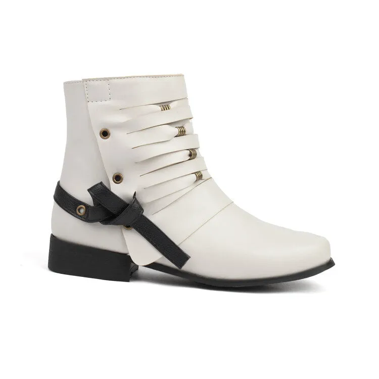 Women's Round Toe Straps Low Heel Ankle Boots
