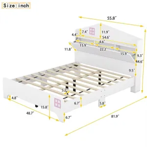Wooden Full Size House Bed with Storage Headboard Kids Shelf White