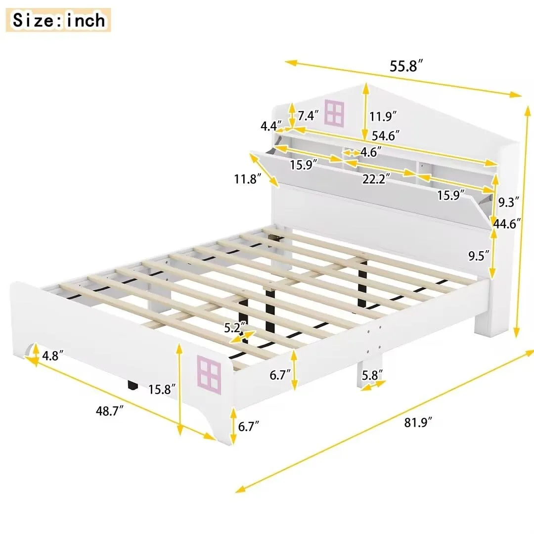 Wooden Full Size House Bed with Storage Headboard Kids Shelf White
